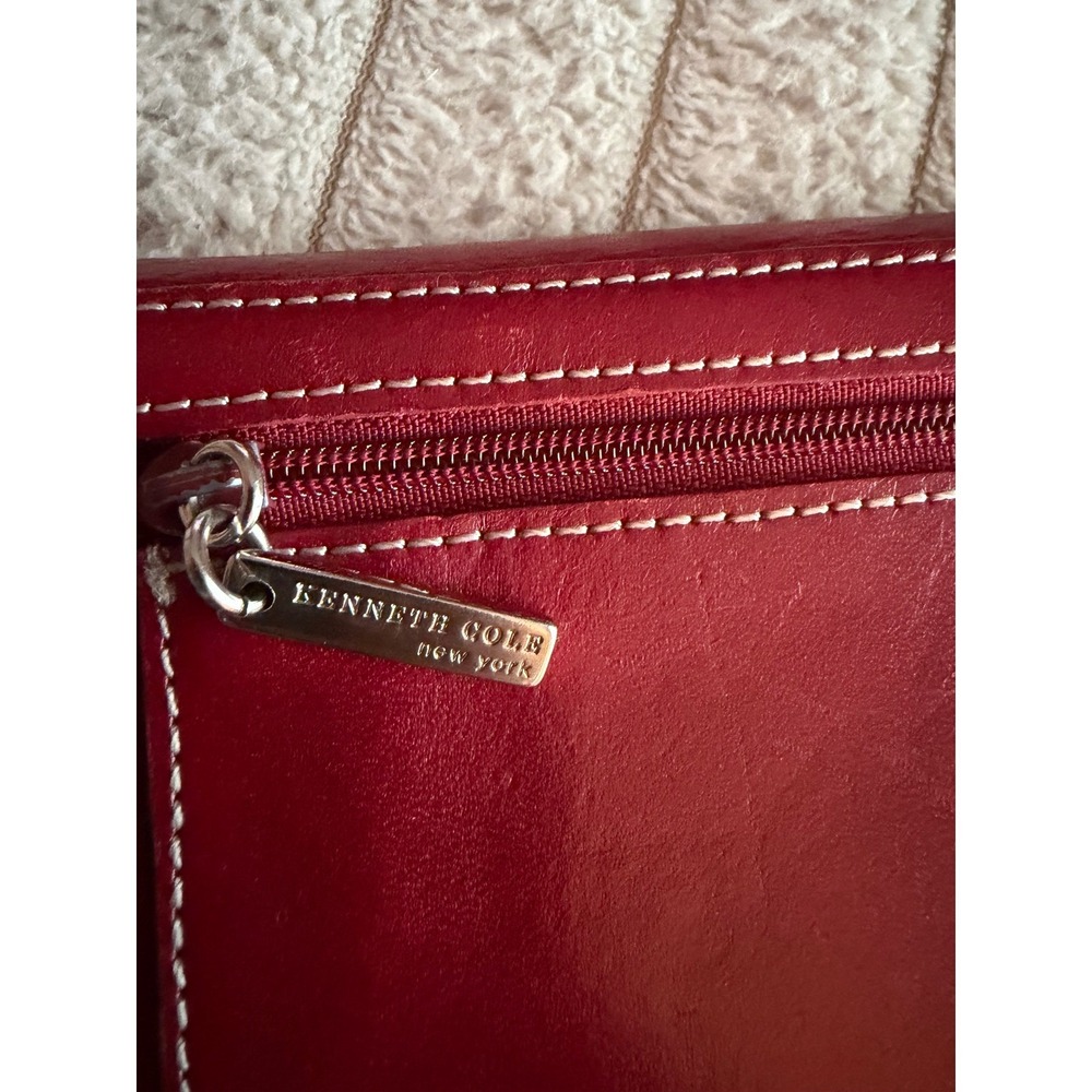 Kenneth Cole New York Red Leather Continental Trifold Wallet White Stitching - Picture 4 of 10